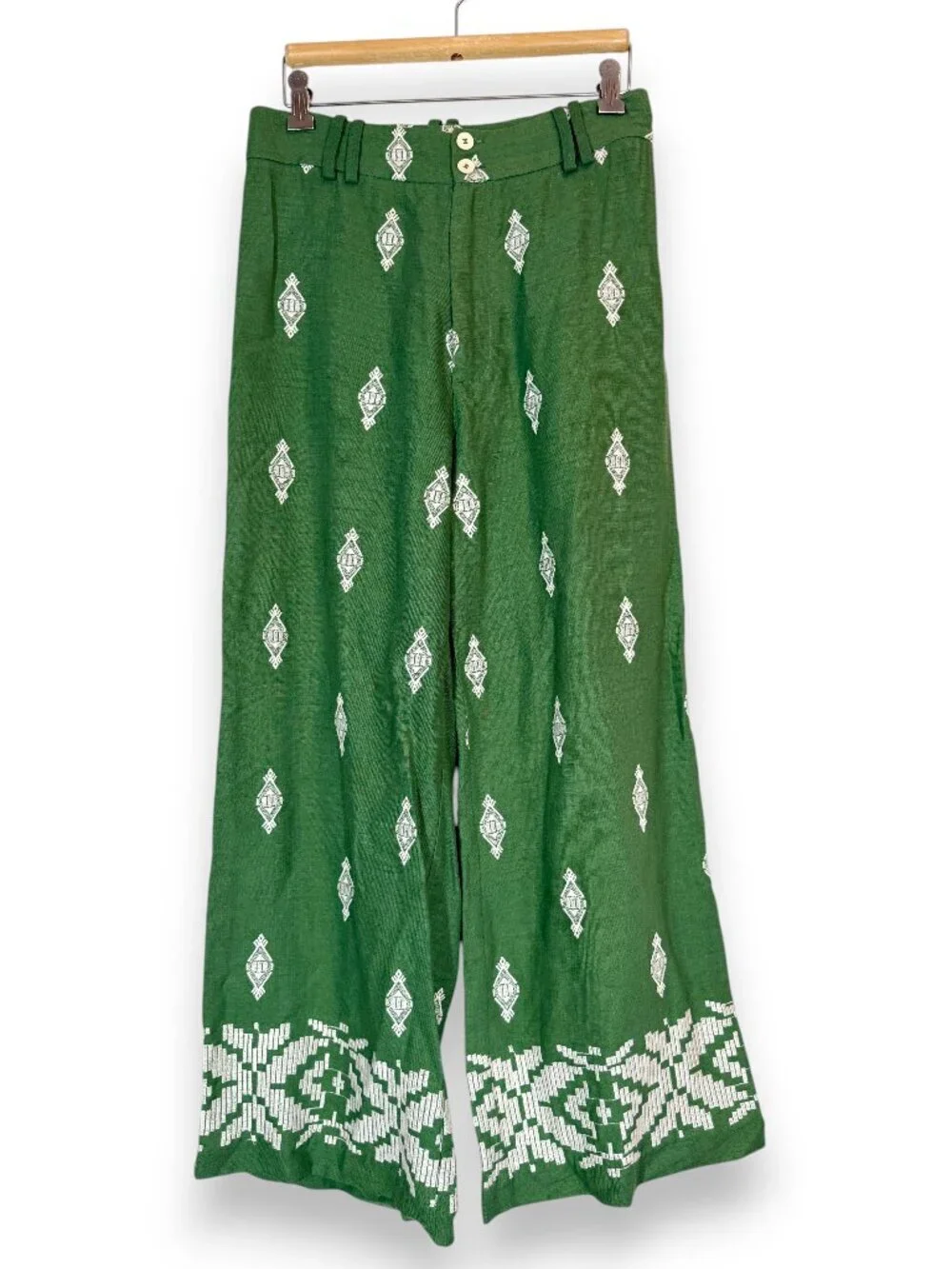 Zara Embroidered Trousers Size Small Green Pants Linen Cropped Wide Leg Coolots